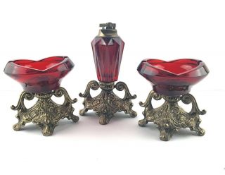 Vintage Brass Ruby Red Glass Crystal Table Top Cigarette Lighter And Ashtray Set