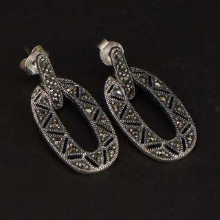 Vtg Sterling Silver - Art Deco Marcasite Cutout Hoop Dangle Post Earrings - 5g