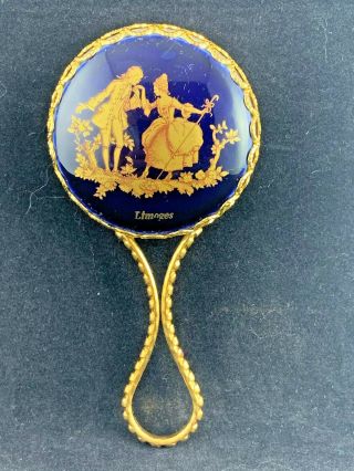Vintage Limoges Castel Signed Hand Mirror Is Cobalt Blue With 22k Gold