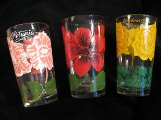 Vintage Boscul Peanut Butter Glass Set Of 3 Floral 5 " Tall Each With Name On Top