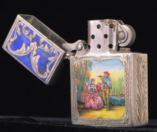 Antique Italian Fine 800 Silver Enamel Musical Flute Love Scene Zippo Lighter