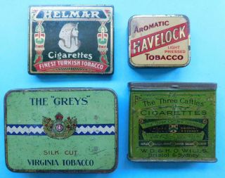 4x Vintage Tobacco Tins The Greys Helmar Havelock & 3 Castles 1900s