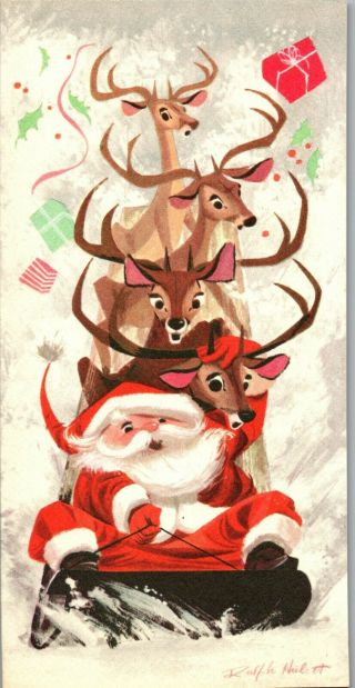 Ralph Hulett Santa Claus Reindeer Deer Sleigh Sled Vtg Christmas Greeting Card