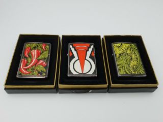 3 Zippo Lighters Barrett Smythe Art Deco Art Nouveau Chili Peppers Potpourri