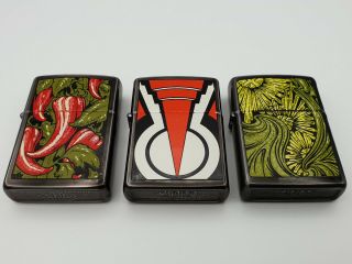 3 Zippo lighters Barrett Smythe Art Deco Art Nouveau Chili Peppers Potpourri 2