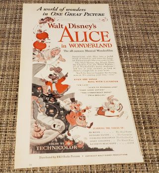 Vintage 1951 Walt Disney Alice In Wonderland Movie Ad Cartoon Musical 50 