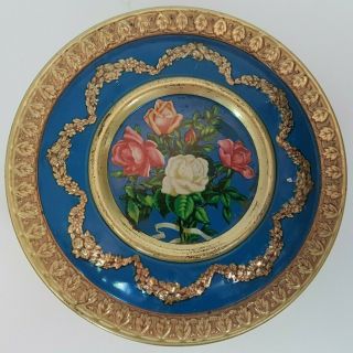 Vintage Roses Round Metal Advertising Tin Storage Container Floral 5.  25 " Blue