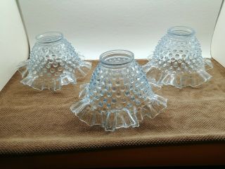 3 Vintage Fenton Glass Lamp Shades/globes Sconces Ice Blue Hobnail Crimp/ruffled