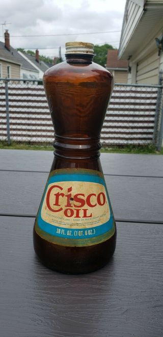 Vtg 38oz Amber Paper Label Crisco Cooking Oil Glass Bottle,  Cap