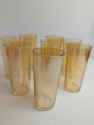 Vintage Peach Luster Iridescent Tall Drinking Glasses Carnival Glass Set Of 8
