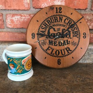 Vintage Washburn Crosby Gold Medal Flour 9 Inch Wooden Wall Clock & Coffee Mug