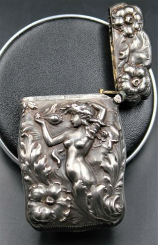 Antique Sterling Silver High Relief Nude Nymph Match Safe Vesta