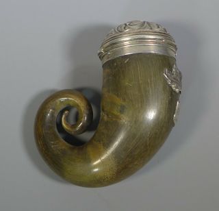 Fine Antique 19th C.  Silver Mounted Scottish Rams Horn Snuff Mull