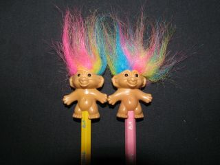 Vintage Two Good Luck Rainbow Troll Pencil Topper