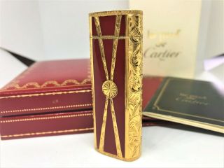 Auth Cartier X Roy King 18k Gold & Red Lacquer Etched Lighter W Case & Papers