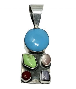 Vintage Mexican Sterling Silver 925 Turquoise Multi Stone Pendant (11.  14g)