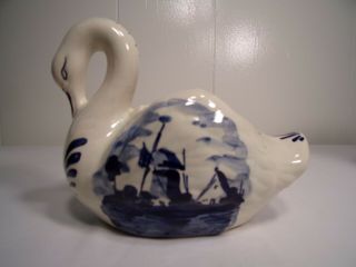 Vtg Delfts Blauw Blue Dutch Swan Planter Delftware Holland Pottery Windmill