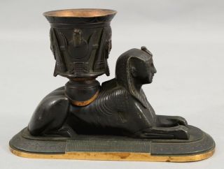 19thc Antique Egyptian Revival Sphinx,  Bronze Match Holder,  Gilt Accents