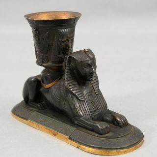 19thC Antique Egyptian Revival Sphinx,  Bronze Match Holder,  Gilt Accents 2