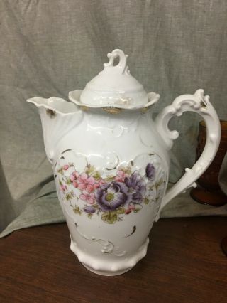 Lovely Vintage 9 - 3/4 " Porcelain Chocolate Pot Purple & Pink Flowers Unmarked