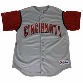 Majestic Mens Sz Large Gray Cincinnati Reds Baseball Jersey Vtg 90s Made In Usa