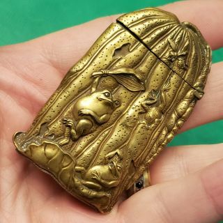 Rare Early Antique Figural Brass Match Safe Vesta Striker Frogs Art Nuevo Relief