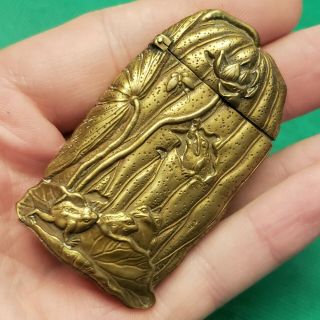 Rare Early Antique Figural Brass Match Safe Vesta Striker Frogs Art Nuevo Relief 2