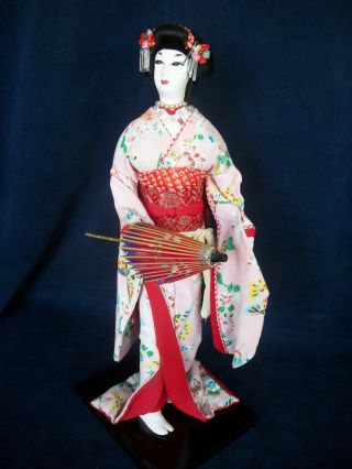 Japanese Geisha Doll Vintage In Silk Kimono 16 Inches Tall