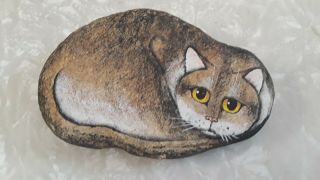 Vintage Hand Painted River Rock Cat Signed By Artist 1989