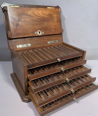 Antique Edwardian Era 5 Drawer Old Cigar Blunt Stash Box Pull Out Tray Lock Box
