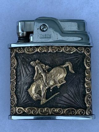 Vintage Ronson Sport Lighter 10k Gold Cowboy Bucking Bronc & Steer Head Art Work