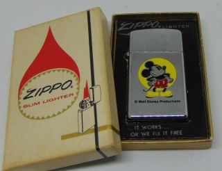 Zippo Lighter Mickey Mouse Walt Disney Slim Boxed Price Tag 1980