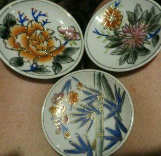 3 Vintage Japanese Porcelain Hand Painted Miniature Plates W Raised Gold Outline