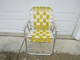 Vintage Lightweight Aluminum Lawn Patio Chair Retro White & Yellow Webbing
