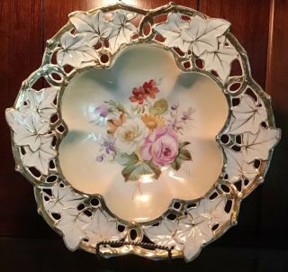 Vintage Andrea By Sadek Decorative Large 17 " Gold Trim White Bowl/roses & Flower