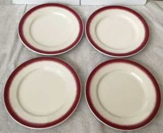 Four Vintage Buffalo China Maroon Edge 9” Dinner Plates