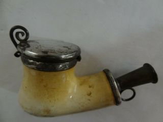 Antique 19th Cent.  Meerschaum & Silver Pipe With Large Covered Bowl