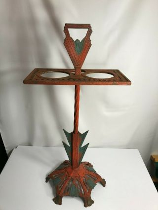 Vintage Smoking Stand Art Deco Cast Iron Heavy Ornate Red/green