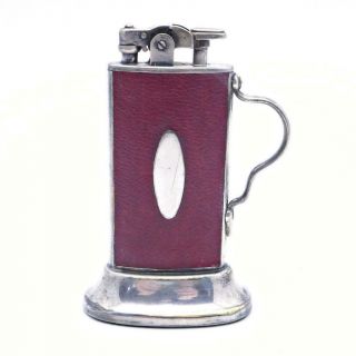 Vintage Ronson De - Light Tabourette Silverplate Red Leather Table Lighter -