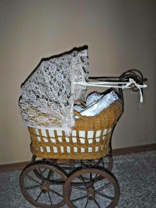 Vintage Wicker Wood Metal Victorian Baby Doll Buggy Carriage Stroller & Vtg Doll