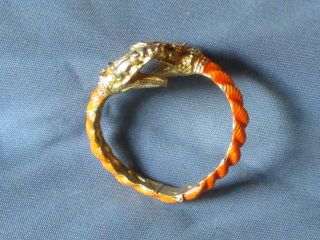 Vintage Gold - Tone Metal Orange Enamel 2 Headed Snake Clamper Bangle Bracelet