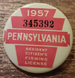 Vtg 1957 Pennsylvania Pa Resident Citizen’s Fishing Licence Badge Button Pin