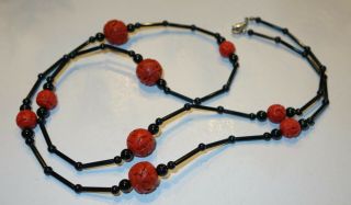 Vintage Chinese Red Carved Cinnabar 37” Beaded Necklace & Black Filler Beads