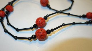 Vintage Chinese Red Carved Cinnabar 37” Beaded Necklace & Black Filler Beads 2