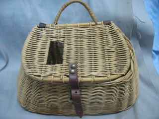 Vintage Leathered Split Willow Basket Fishing Creel Looks