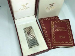 Auth Cartier Silver - Plated Godron Striped Short Lighter W Box,  Case & Papers