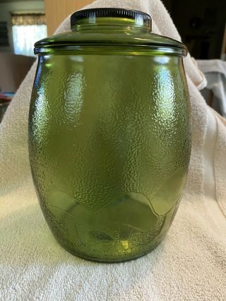Vtg Bartlett Collins Green Glass Cookie Jar W/mushrooms