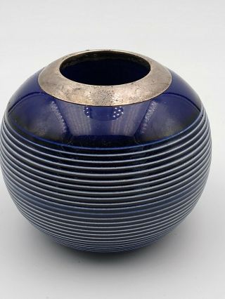 Rare Antique English Sterling Silver Cobalt Blue Ceramic Porcelain Match Striker 2