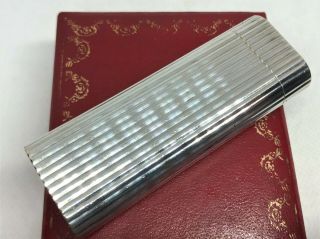 Auth Cartier Silver - Plated Godron Striped Oval Lighter Silver W Case