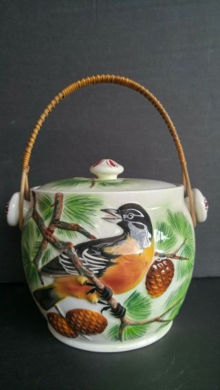 Vintage Py Japan Ceramic Robin Pinecone Lidded Biscuit Cookie Jar W/ Handle